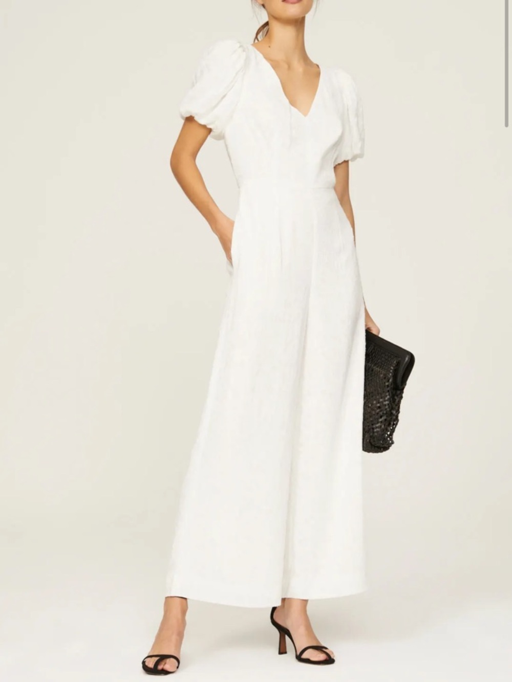 Club Monaco White Puff-Sleeve Wide-Leg Jumpsuit